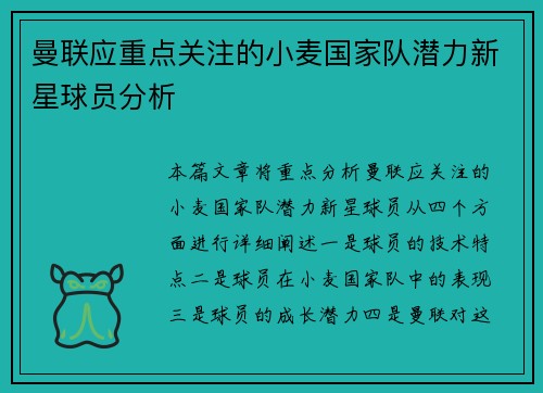曼联应重点关注的小麦国家队潜力新星球员分析