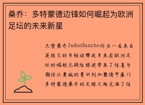 桑乔：多特蒙德边锋如何崛起为欧洲足坛的未来新星